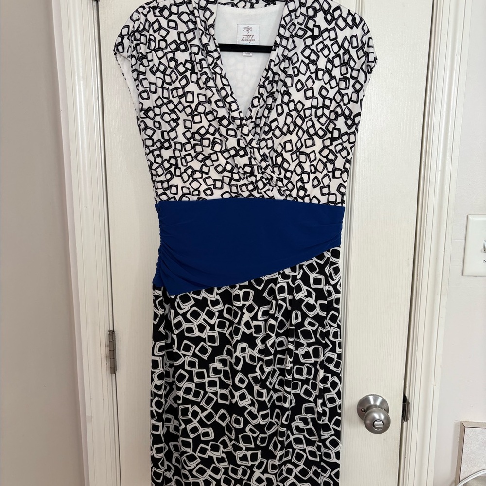 Suzi Chin for Maggy Boutique Black and White Midi Dress with Blue Waist